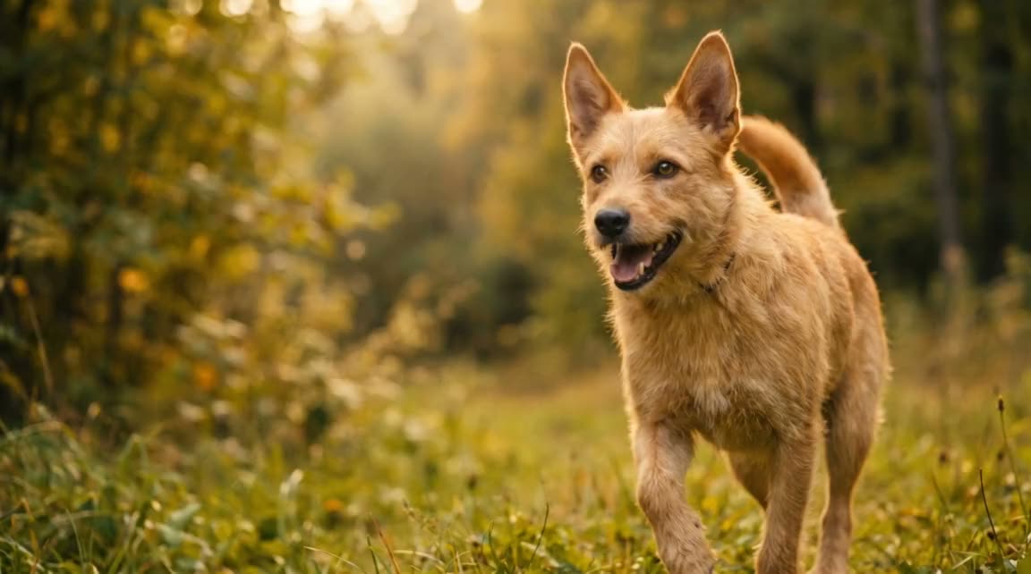 A dog trotting through long grass in evening light