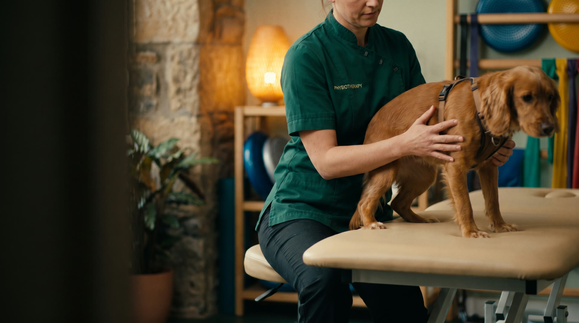 A physiotherapist steadies a spaniel on the treatment table